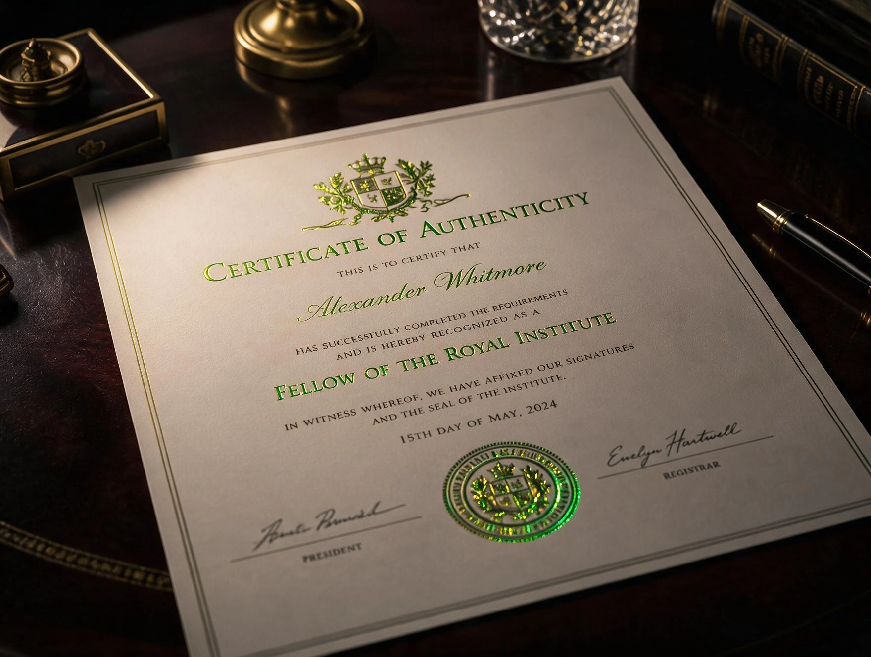 Colour-shifting ink on a document tilting between green and gold