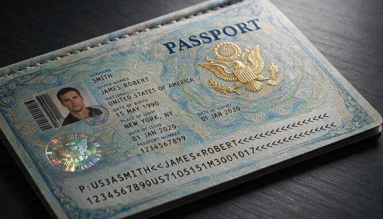 A passport data page in low light, showing the raised printed detail and the machine-readable strip at the bottom