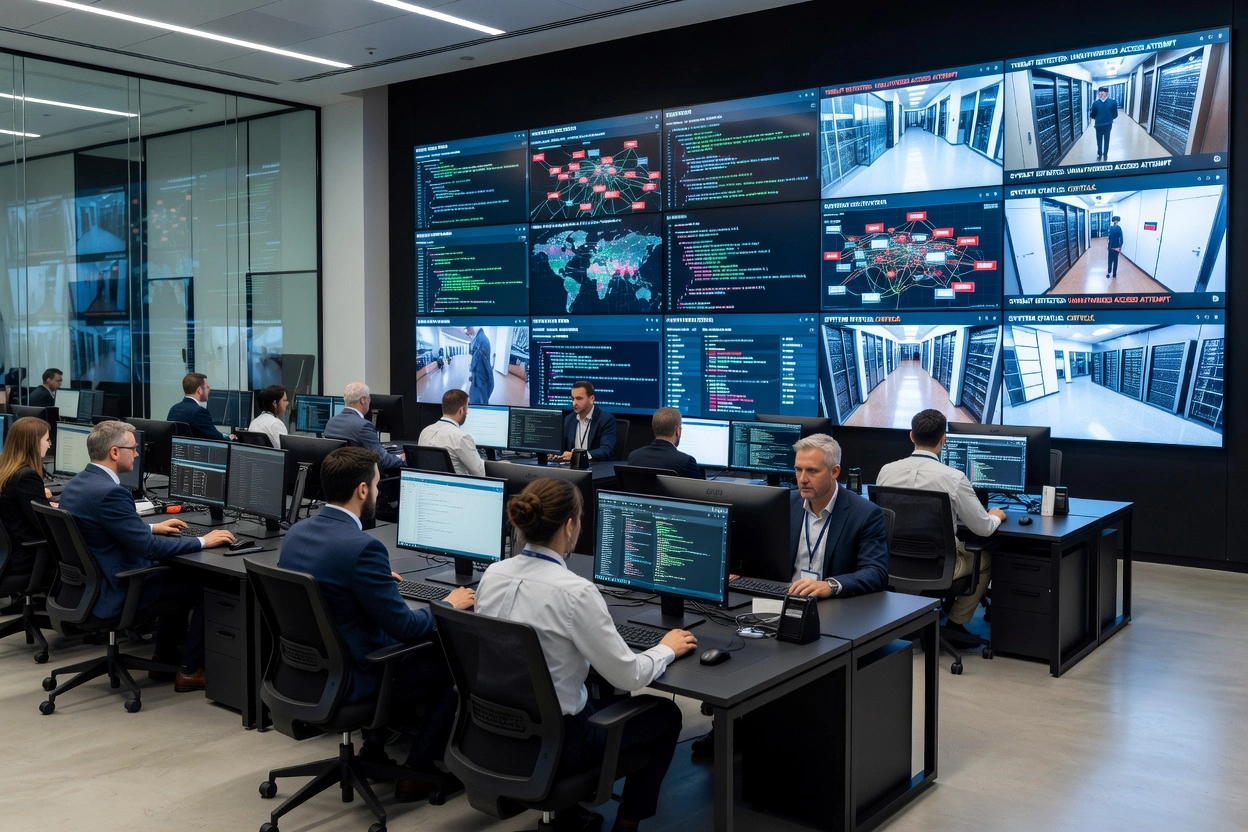 A security operations centre with monitoring displays