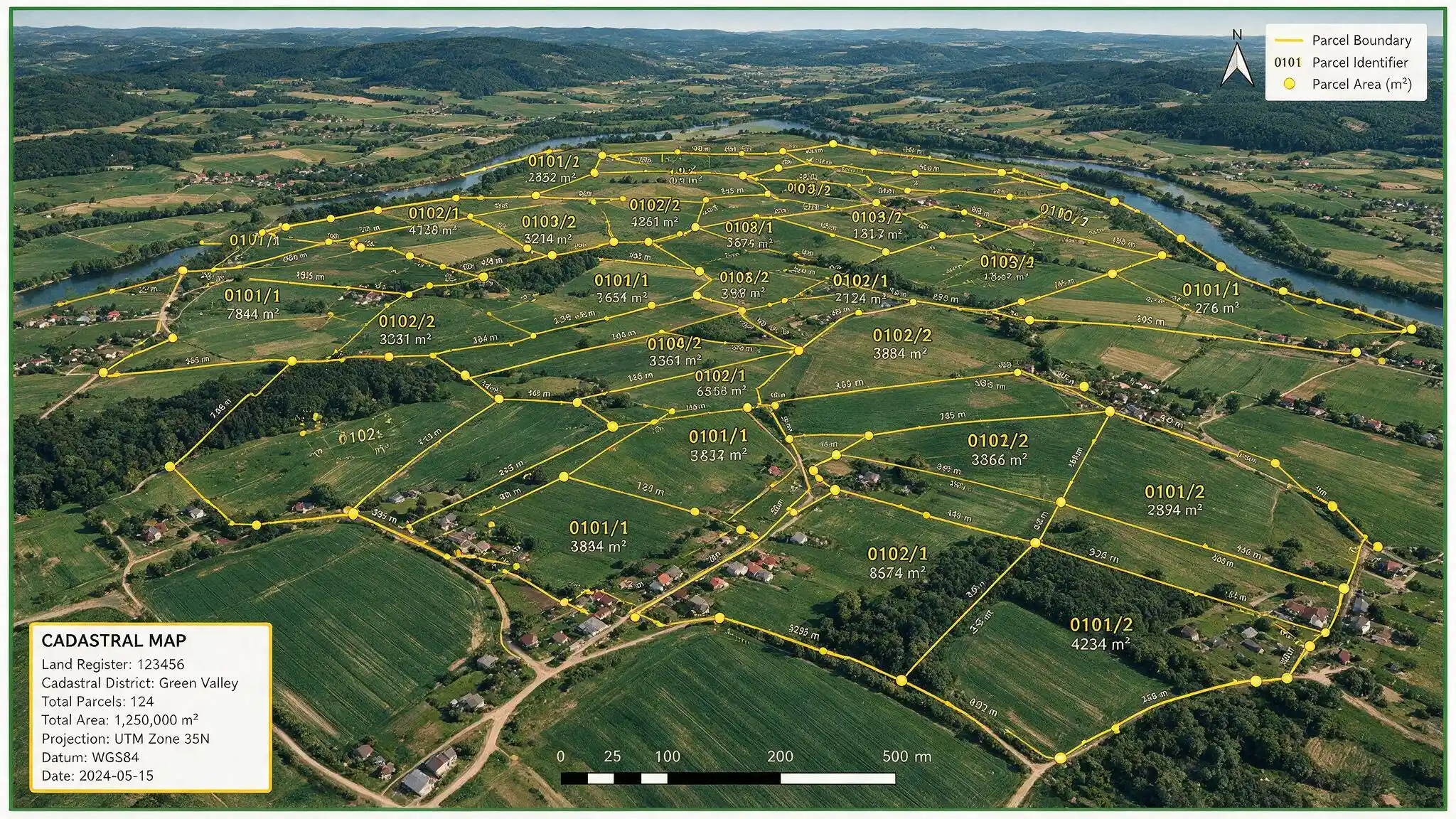 A cadastral map overlaid on satellite imagery showing parcel boundaries